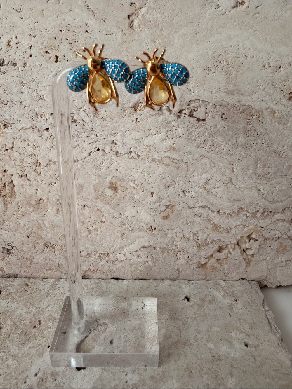 Gold Bee Stud Earrings | Blue Yellow Accent Fine Jewelry Butterfly Back Studs
